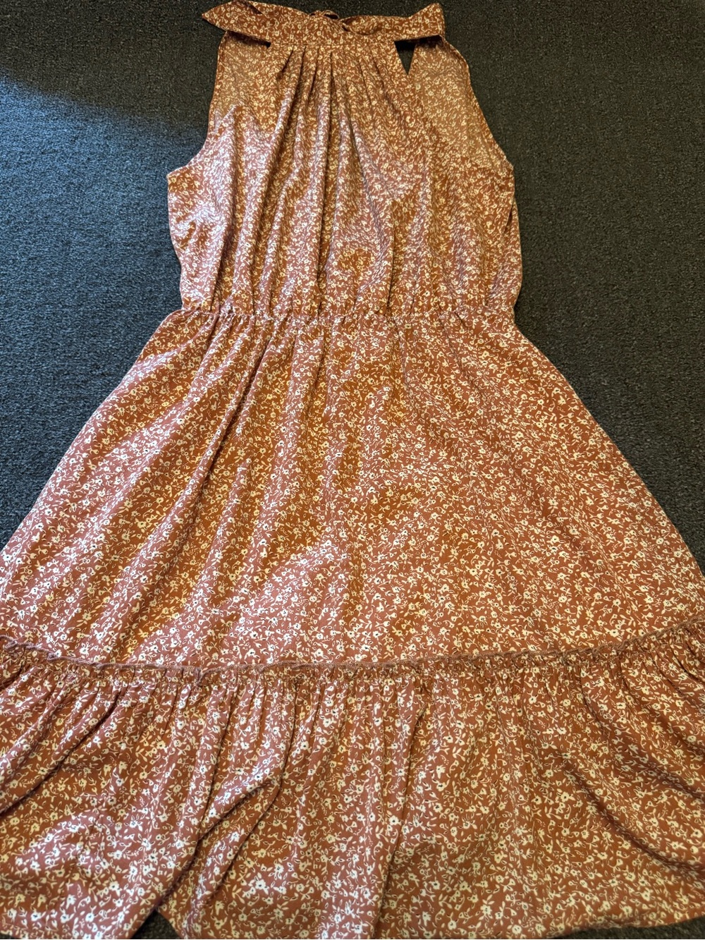 BTFBM Floral Halter Neck Ruffle Mini Dress - Brick Red/Mauve Boho Sundress- S - Picture 3 of 9